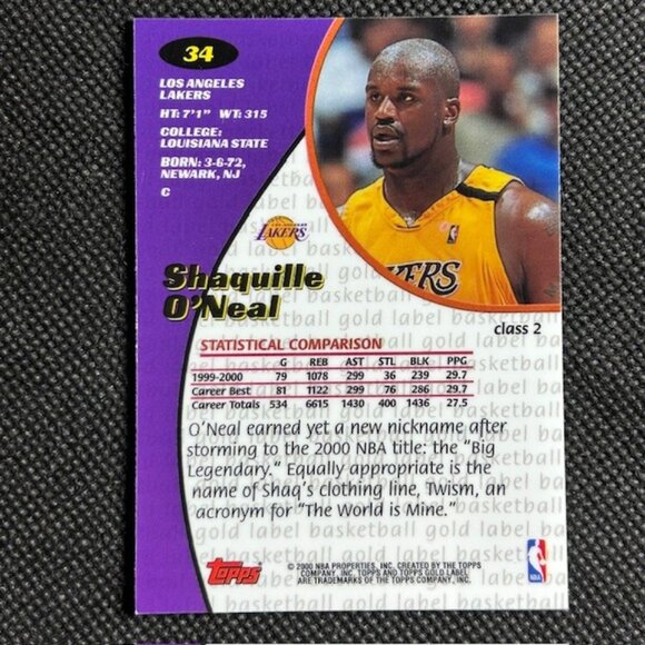 2000-01 Topps Gold Label Class 2 Shaquille O'Neal #34 Los Angeles Lakers HOF - Picture 1 of 1